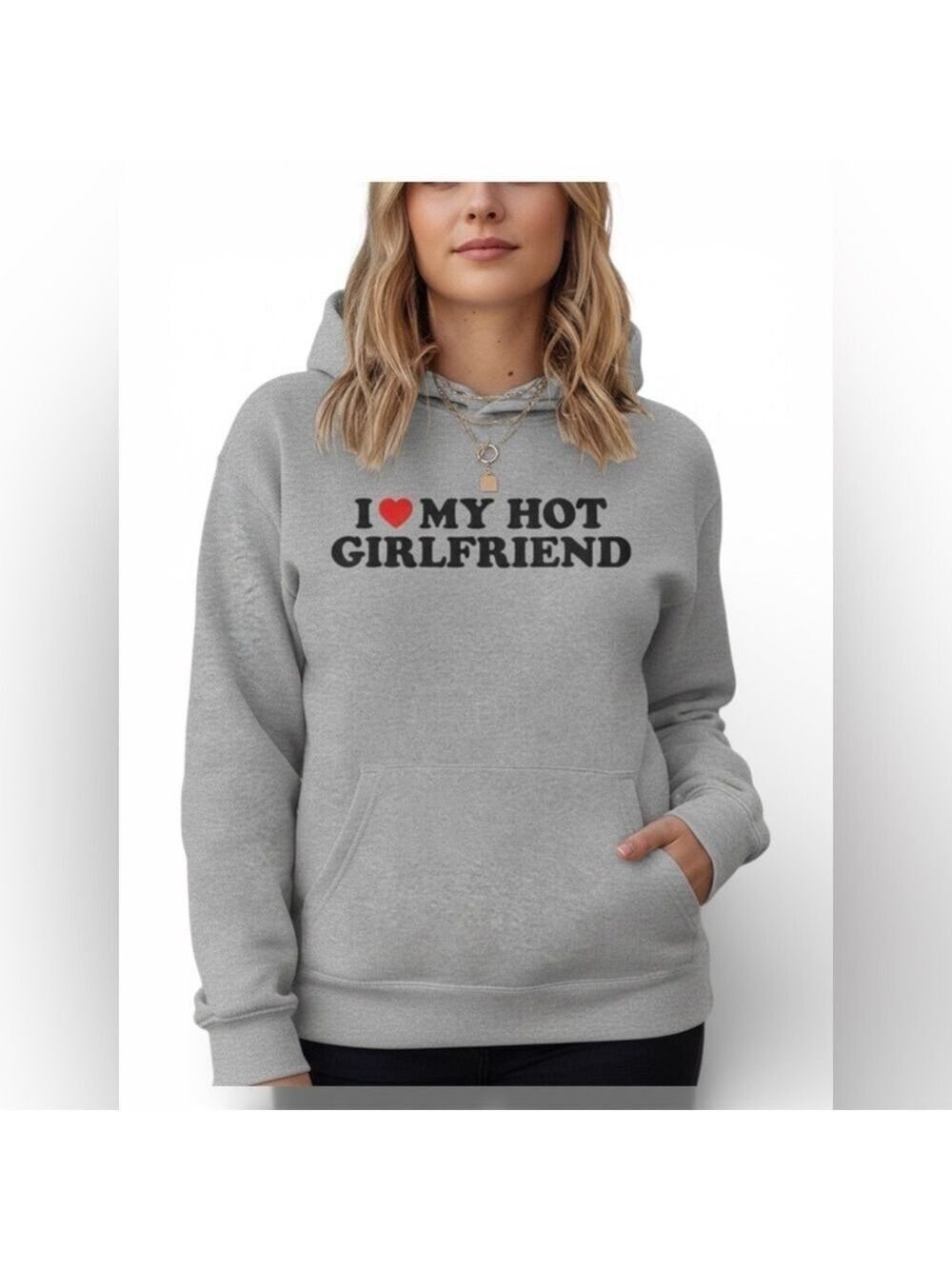 I ❤️ MY HOT GIRLFRIEND Grey Long Sleeve Hoodie with Kangaroo Pocket - Picture 2 of 8